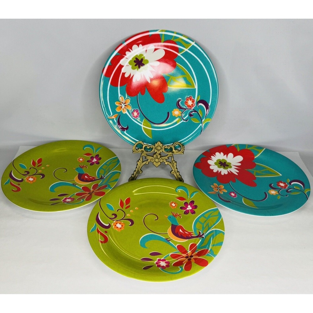 Pier 1 Imports Melamine 9" Salad Desert Appetizer Plates Floral Bird Set of 4
